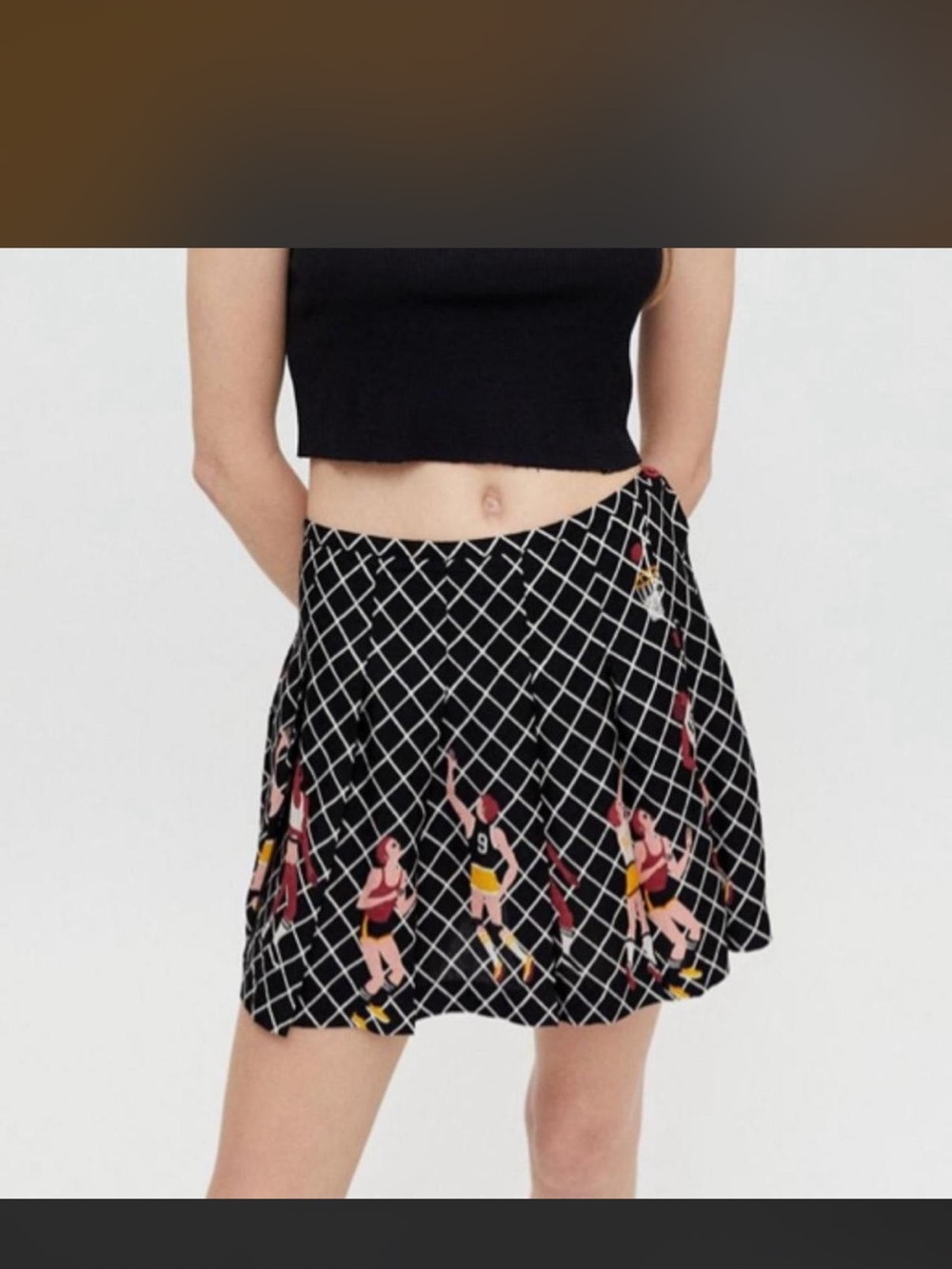 Black Printed Pleated A-Line Mini Skirt with Basketball Motif